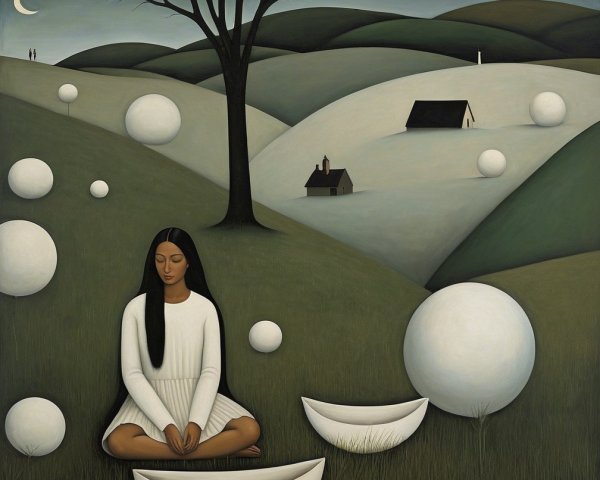 Serene Landscape with Woman Meditating at Twilight