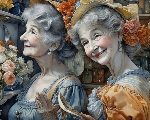 Elderly Women in Vintage Kitchen with Flowers and Joy