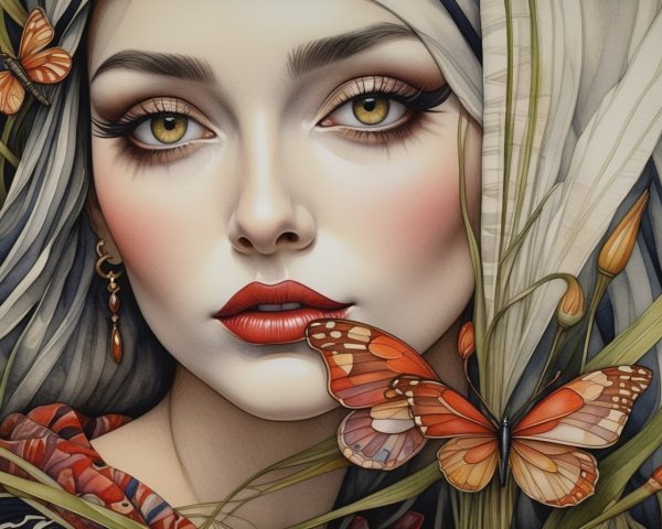 Close-up of a woman with green eyes and butterflies