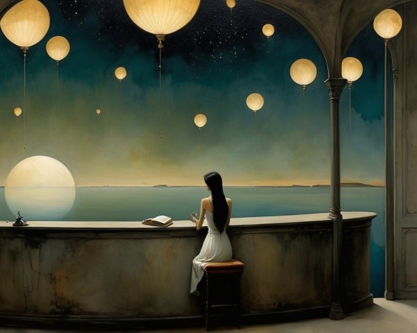 Woman in White Dress by Tranquil Sea at Night