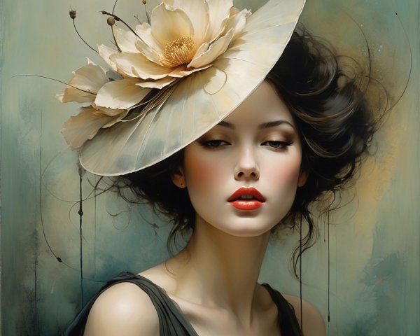 Elegant woman in a large hat with soft flower detail