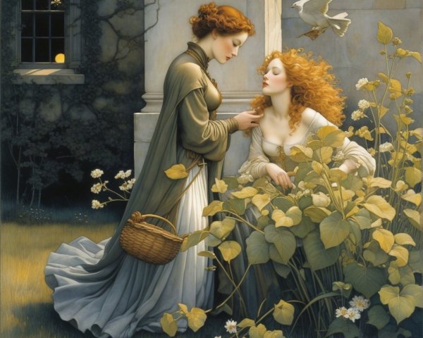 Women Sharing a Delicate Flower in a Garden Setting