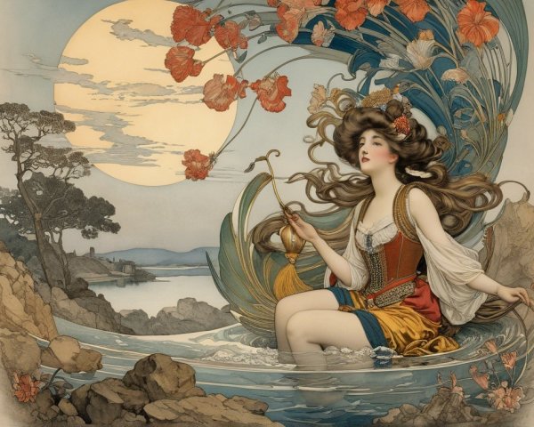 Woman in flowing dress by serene water with moon