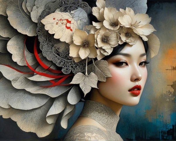 Portrait of a woman with floral patterns and colors