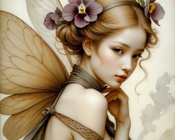 Serene fairy with butterfly wings and floral adornments