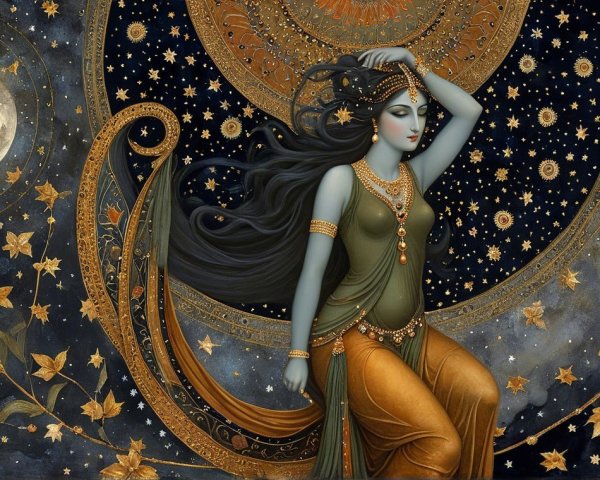 Celestial Figure in Gold and Blue Against Starry Sky