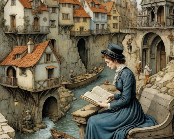 Fantasy Village with Stone Buildings and Canal Scene