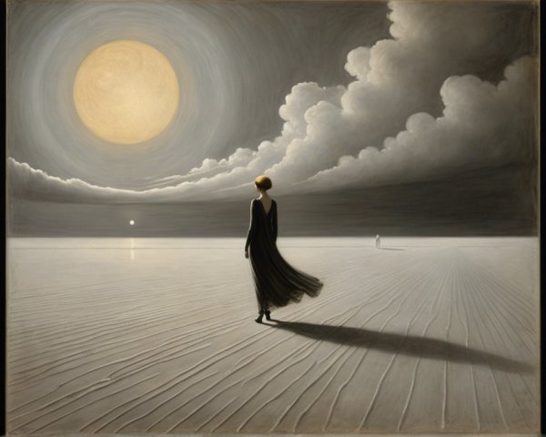Solitary Figure in Black Dress on Textured Plain