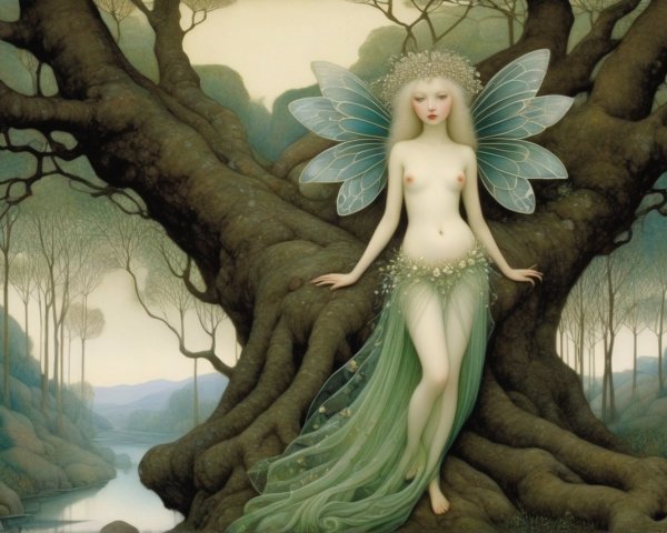 Fantasy image: Blue-winged fairy in green dress, serene forest, twisted trees, calm river