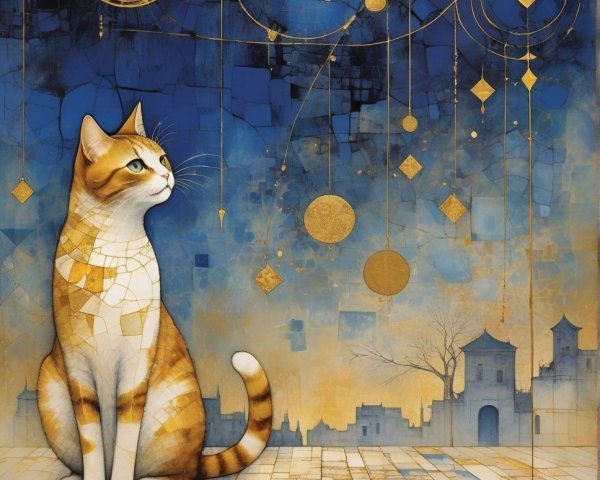 Stylized Cat Against Vibrant Blue Geometric Background