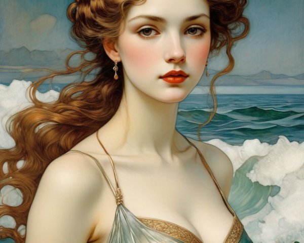 Young woman with auburn hair in sea-green dress by ocean waves