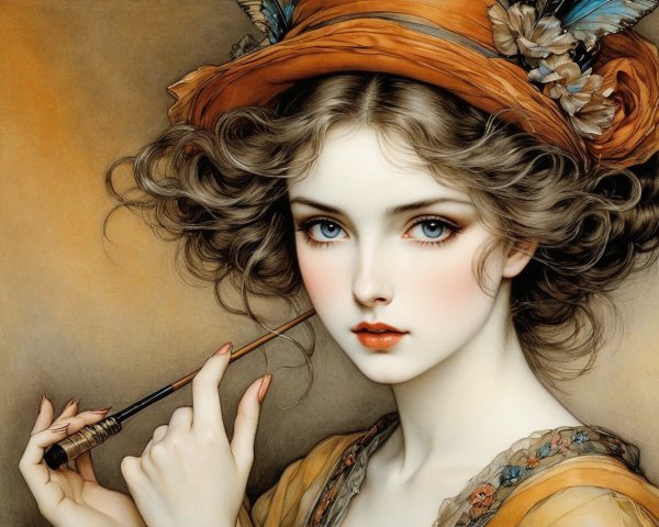 Close-up of a young woman in an orange hat and dress