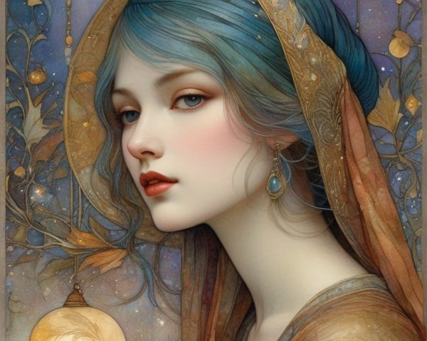 Illustrated portrait of woman with blue hair in gold attire holding lamp, with starry and floral motifs