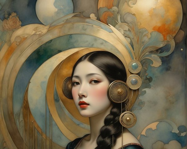 Serene Woman with Braid and Golden Accessories