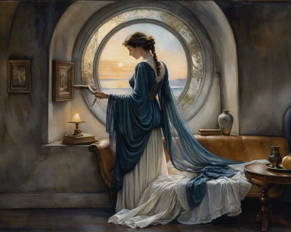 Serene Woman by Round Window with Sunset View
