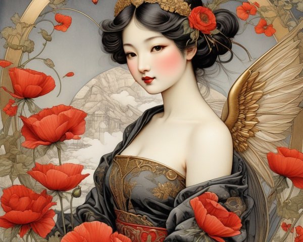 Ethereal Woman with Wings Surrounded by Poppies