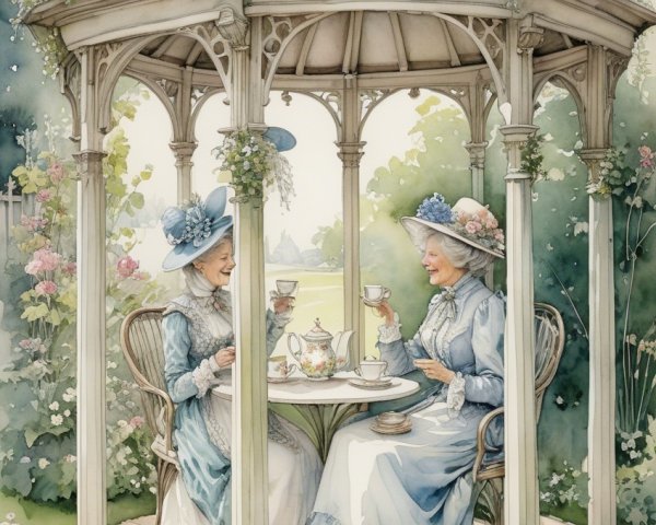 Elegant Women Enjoy Afternoon Tea in Garden Gazebo