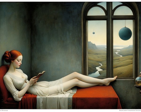 Serene Woman Reading on Red Daybed in Dreamlike Room