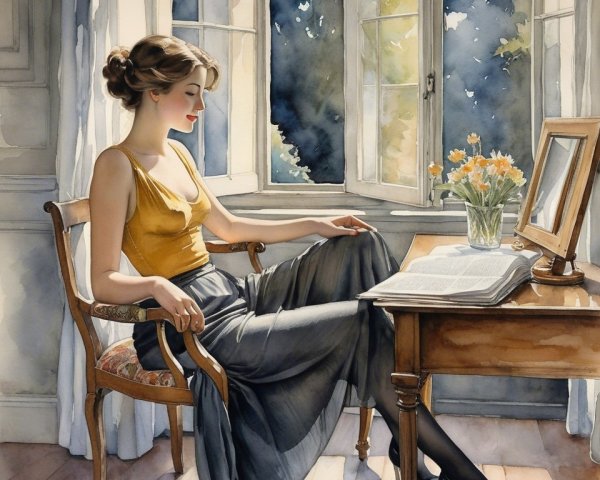 Serene Interior Scene with Woman at Wooden Table