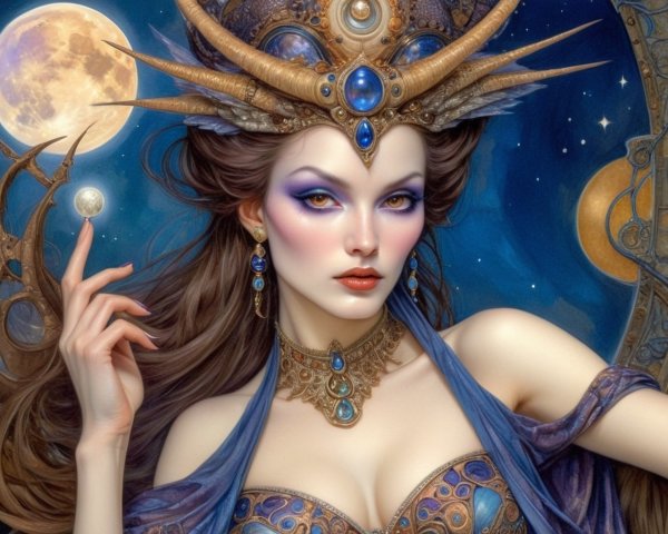 Fantasy Woman with Ornate Headdress and Violet Eyes