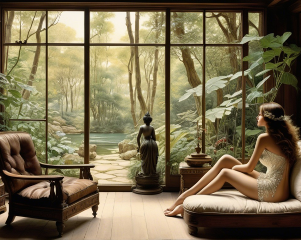 Indoor Scene with Woman in Lace Outfit and Nature View