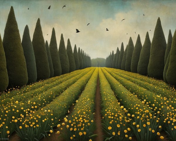 Vibrant Landscape of Yellow Flowers and Evergreen Trees