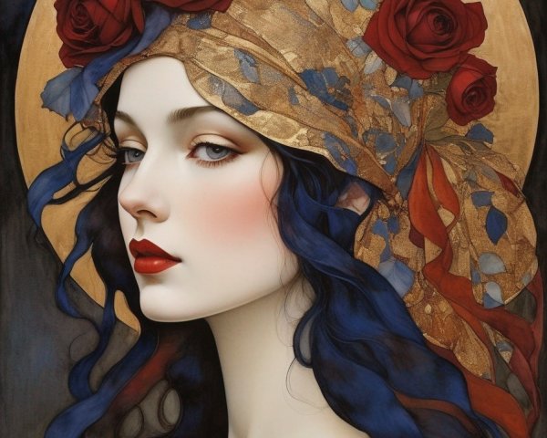 Serene Woman with Blue Hair and Floral Headdress