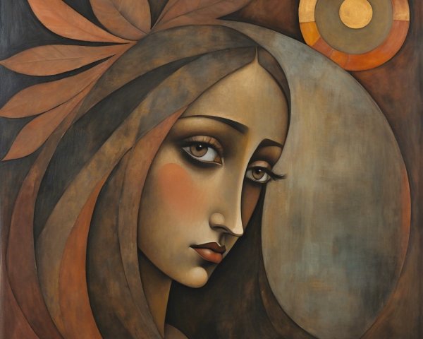Stylized female figure with earthy background and motifs