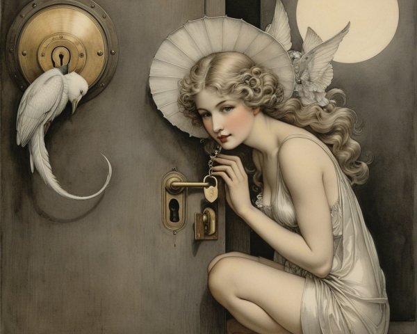 Young woman peering through a keyhole at night