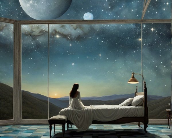 Woman gazing at cosmic landscape from a bedroom window