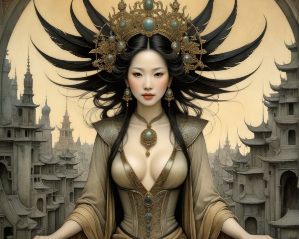 Regal figure in gown with crown and mystical cityscape