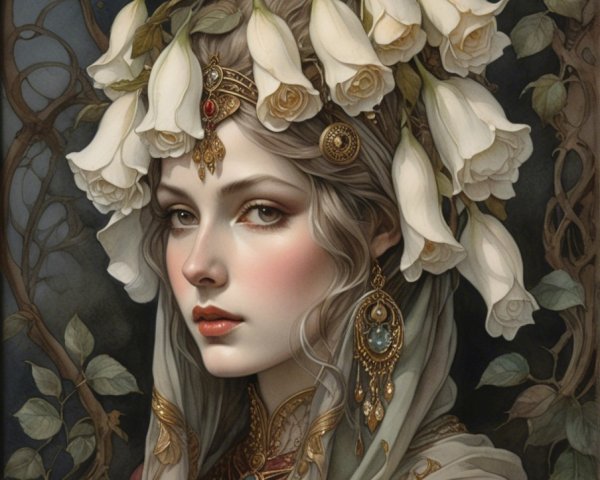 Woman in Floral Headpiece with Intricate Jewelry