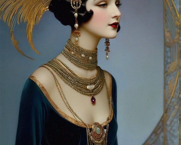 Elegant Woman in Vintage Attire with Feathered Headdress