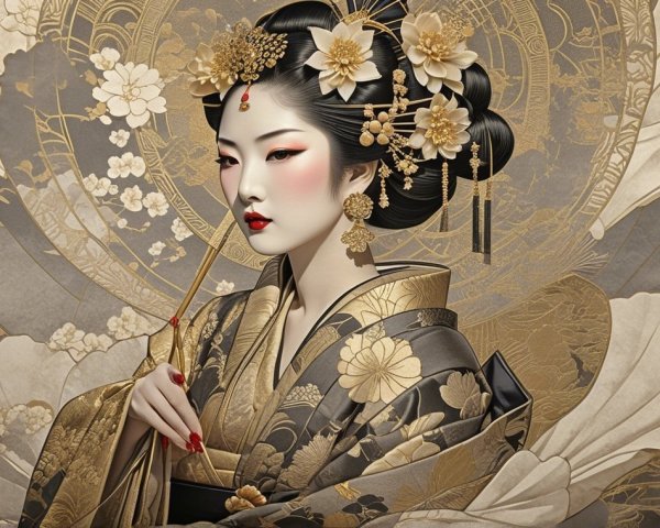 Traditional Japanese Woman in Elegant Kimono Attire