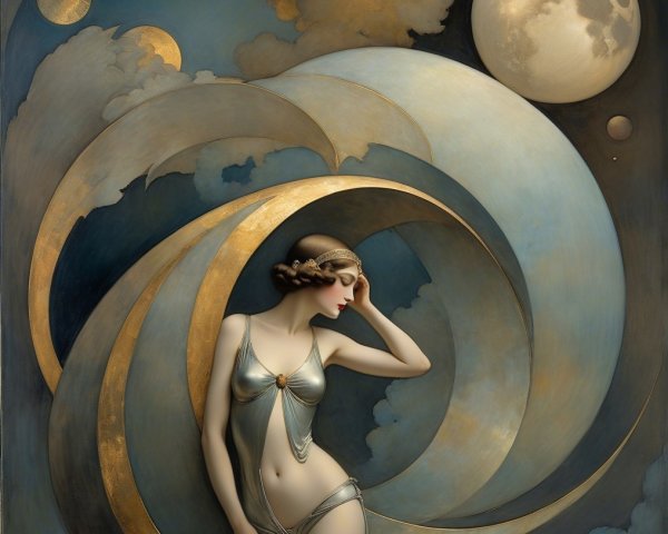 Graceful Woman in Silver Amid Celestial Elements