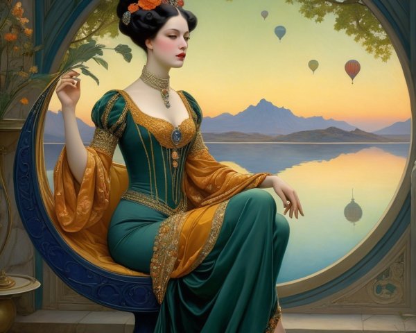 Woman in Green and Gold Gown by Circular Window