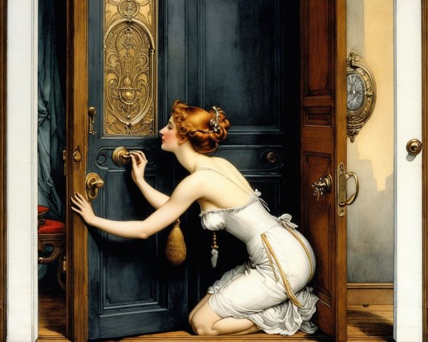 Vintage Woman Crouching by Ornate Door with Keyhole