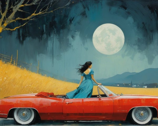 Woman in Blue Dress by Vintage Convertible at Night