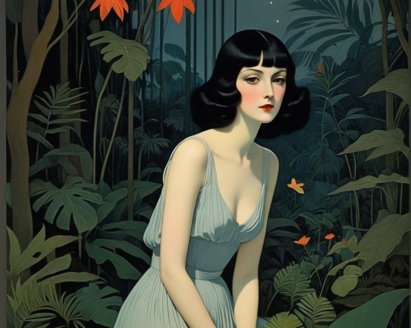 Woman in Blue Dress Surrounded by Jungle Flora