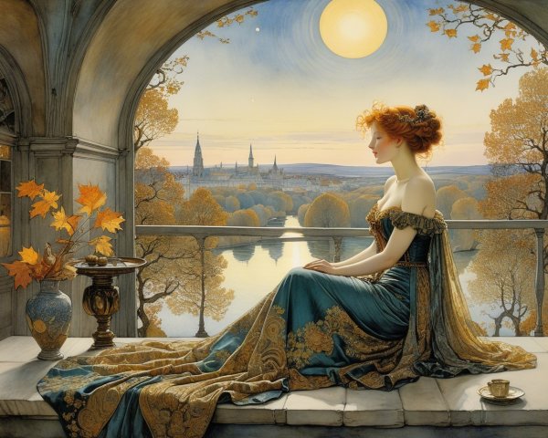 Elegant Woman in Gown Overlooking Autumn Landscape