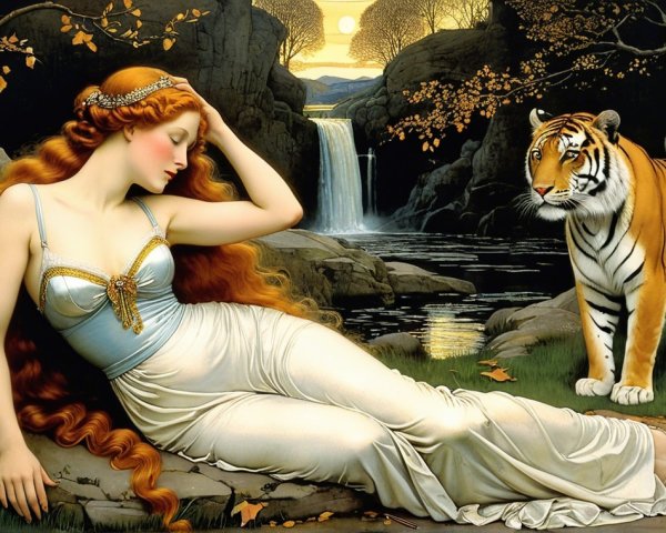 Woman in White Gown by Waterfall with Tiger
