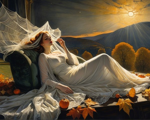 Serene Autumn Landscape with Woman in White Gown