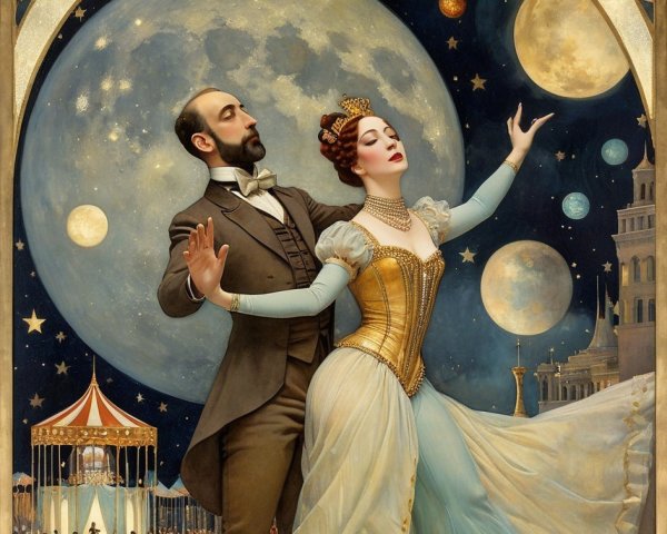 Art Deco Painting of a Couple Dancing Under Moonlight