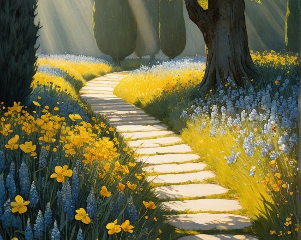 Tranquil Garden Path with Blooming Flowers and Trees