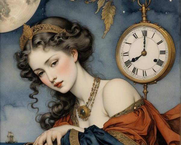 Serene woman with crown and vintage clock at night