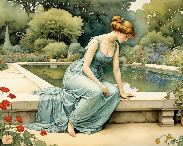 Young woman in blue dress by tranquil stone pond