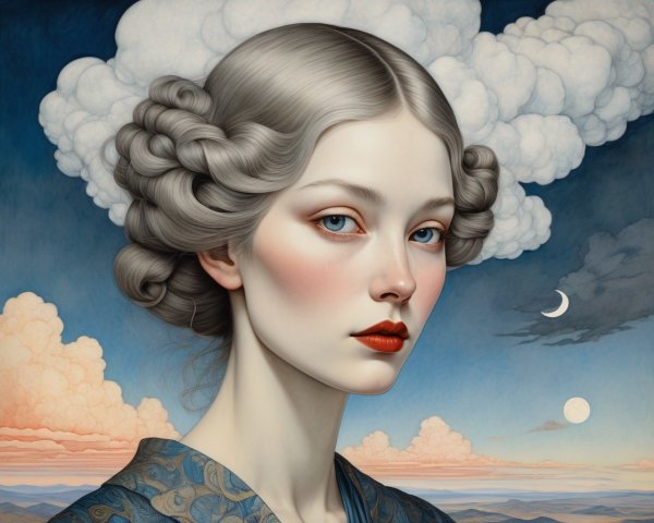 Young Woman with Silver Hair in Surreal Landscape