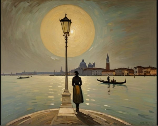 Silhouette by Water with Vintage Lamp at Sunset