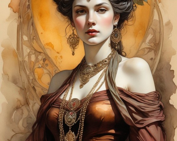 Illustrated woman with jeweled headpiece and red rose in hair on warm-toned backdrop
