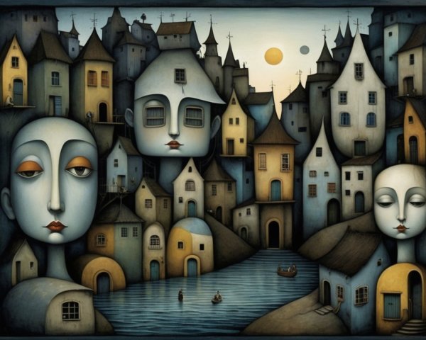 Surreal Landscape with Unique Houses and Serene Faces